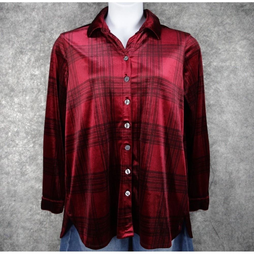 John Mark Shirt Women Red Plaid Shimmer Soft Fuzzy Velvet Velour Lux Size‎ Large
